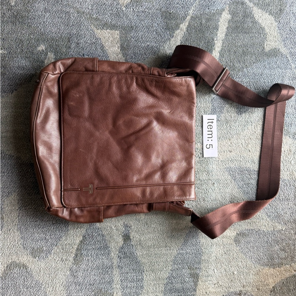 Tumi Brown Leather Messenger Bag with Adjustable Strap